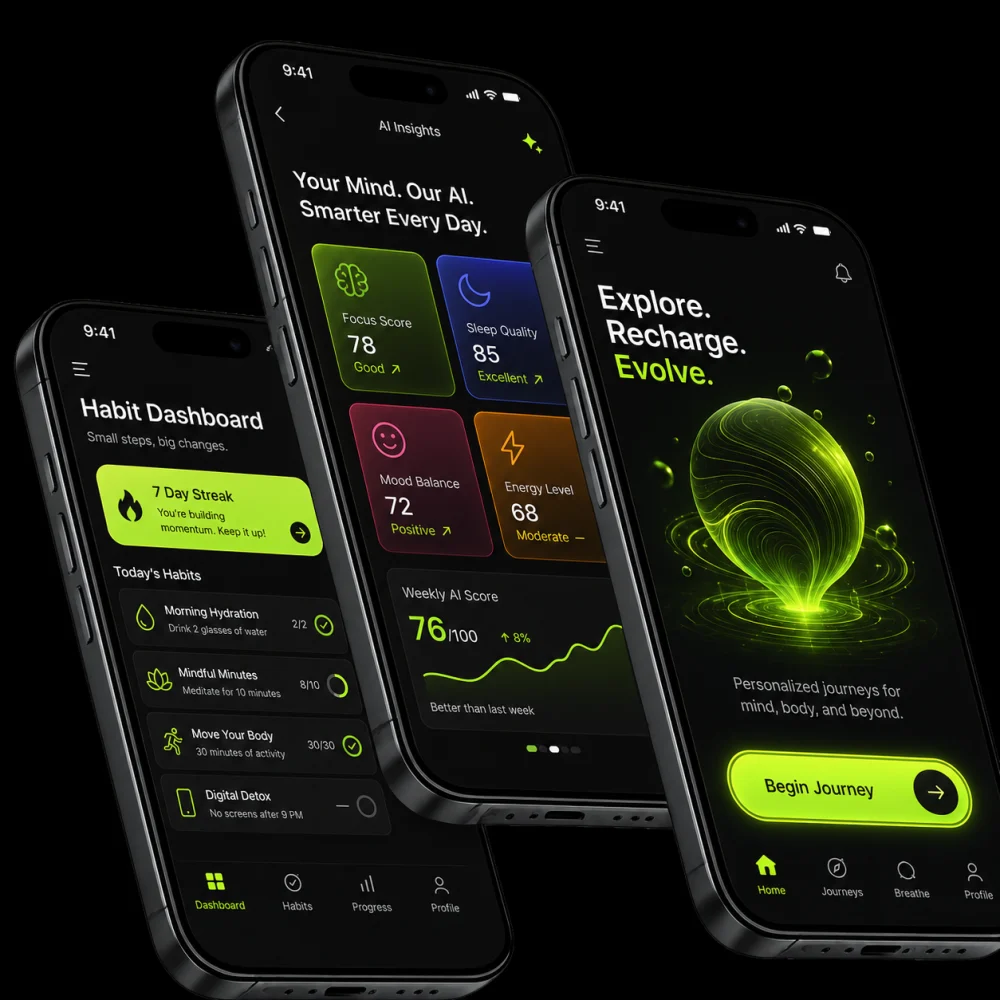 Three dark mobile app concept screens for a strategy consultation experience